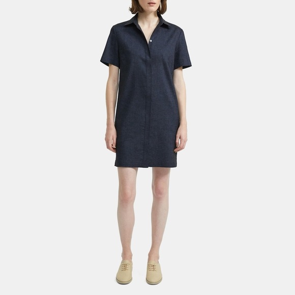 Theory Women’s Navy Button-Down A-line Dress in Textured Good Linen Sz‎ Large - Picture 1 of 9